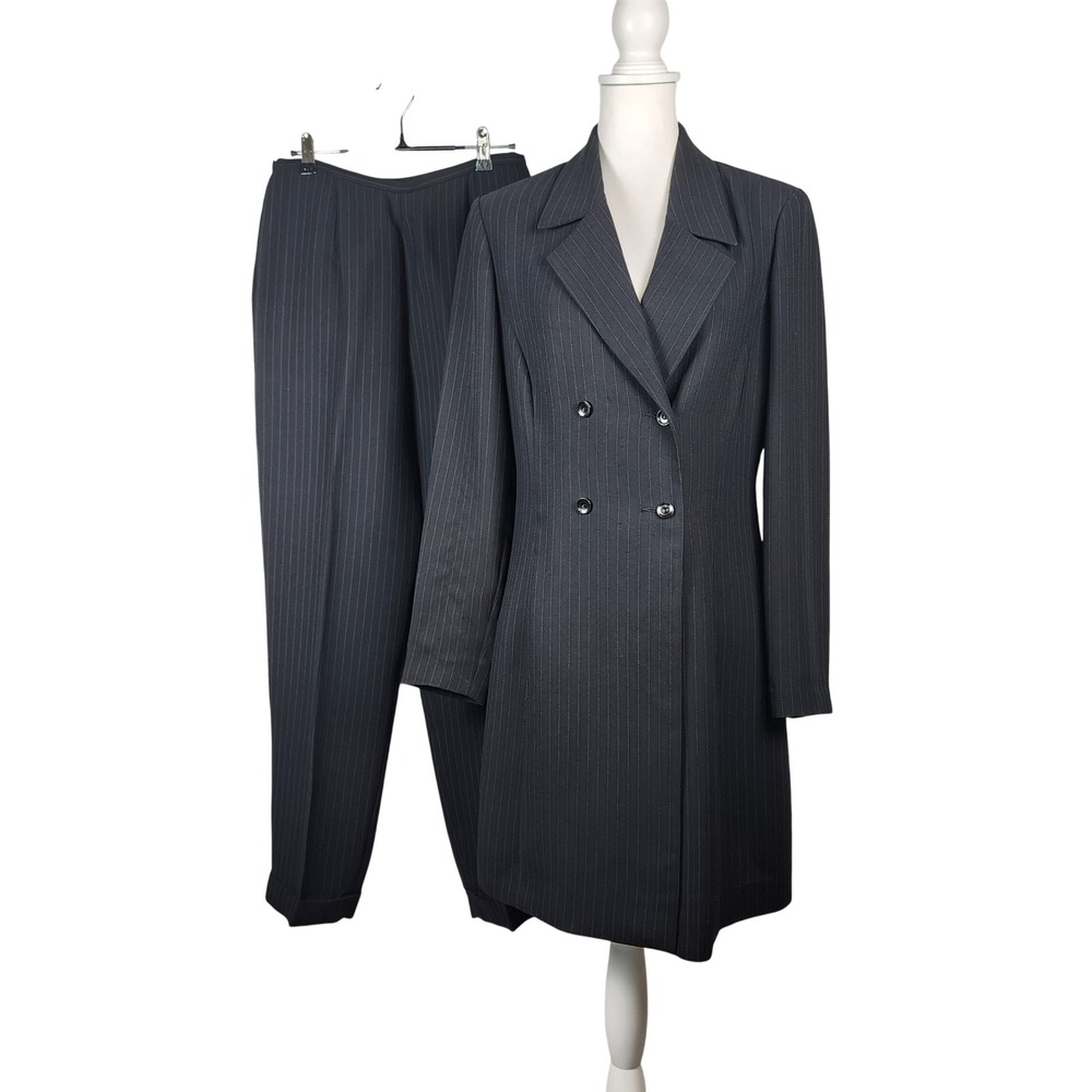 Liz Claiborne 2pc Pinstripe Pant Suit Womens 8 Charcoal Grey DB Long Blazer Work